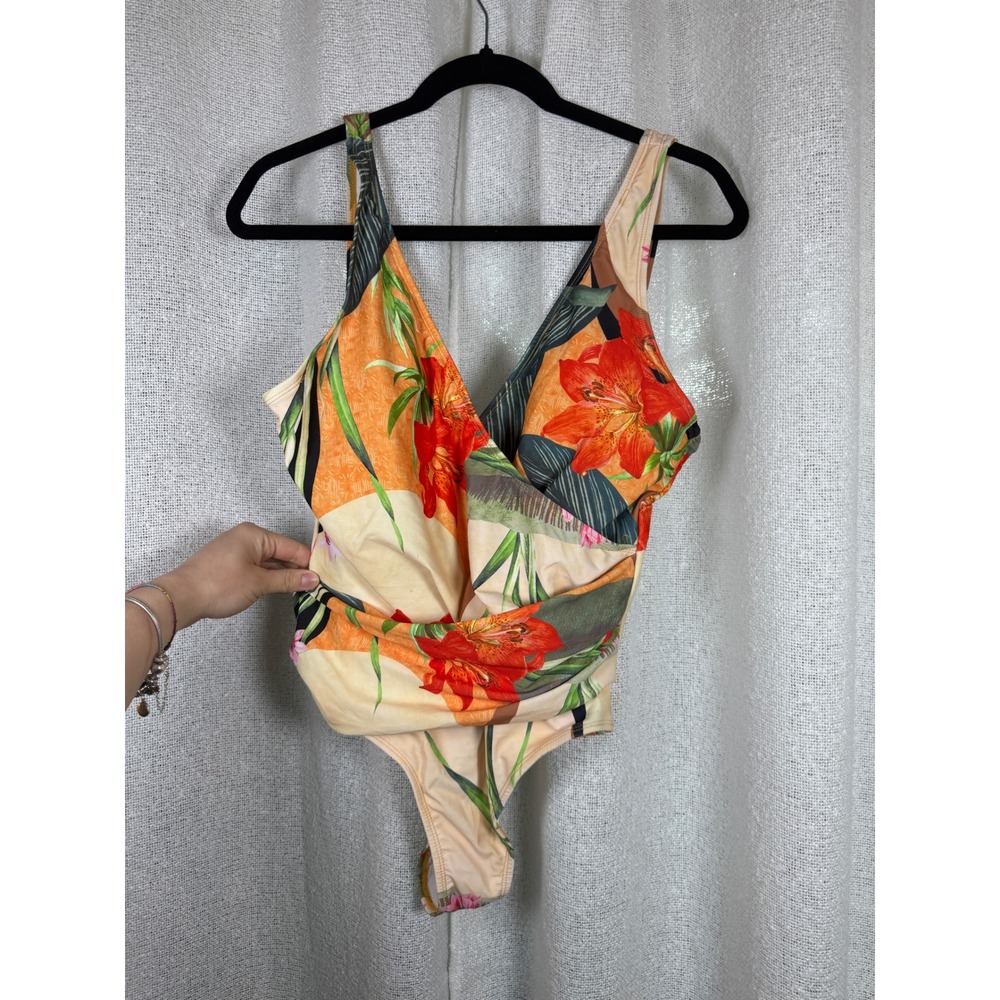 Tropical floral one piece swimsuit wrap front L summer vacation swim